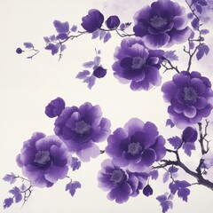 Aufkleber - Elegant Purple Blooms: A Delicate Watercolor Painting of Floral Branches with Soft Leaves and Blossoming Flowers