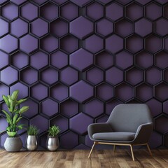 Poster - Modern Interior: Gray Armchair Against Purple Hexagon Wall with Plants and Wood Floor Detailing