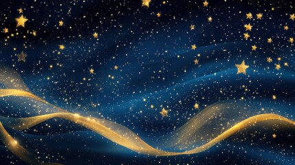Wall Mural - Sparkling Starry Night Sky with Golden Ribbons Abstract Background.