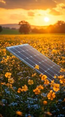 solar panel array set amidst a field of colorful flowers absorbing bright sunshine for eco-friendly 