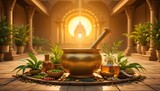 Ancient Ayurvedic Herbal Medicine Preparation in Golden Mortar and Pestle