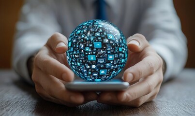 Wall Mural - a person holding a glowing digital sphere on a smart phone. This visual represents interconnectedness and the digital age