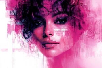 Leinwandbilder - Beautiful woman with curly hair and striking features portrayed in vibrant pink and abstract digital art style
