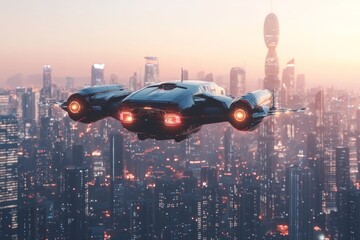 Poster - Futuristic flying vehicle navigates urban skyline at dusk in a vibrant metropolis