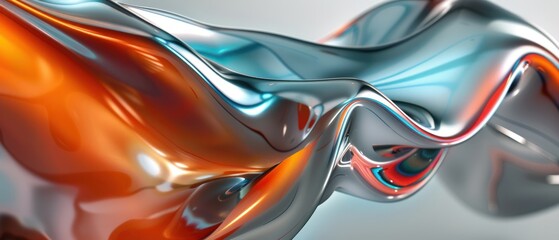 Wall Mural - Close up material abstract soft green orange metallic glossy glow curve spiral wave flow light reflection curl swirl fluid smooth shape.