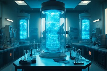 Leinwandbilder - Futuristic laboratory featuring glowing tanks and scientific equipment at nighttime