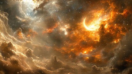 glowing crescent moon amidst nebula clouds and dazzling stars