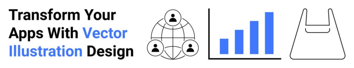 Networking diagram, bar graph, and user-friendly interface design icons visualize app development and performance insights. Ideal for tech, startups, analytics, business strategy, UIUX, networking