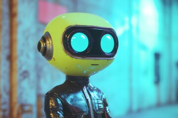 Poster - Robot character stands in a neon-lit urban environment at night, showcasing vibrant colors and futuristic design