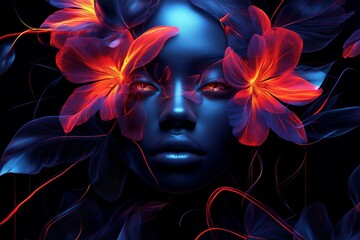 Poster - Vibrant portrait of a woman with radiant flowers highlighting natural beauty and artistic expression