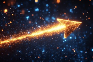 Poster - Dynamic golden arrow moving through a vibrant cosmic background of blue and orange particles in a digital environment