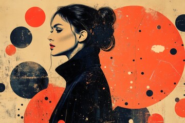 Aufkleber - Artistic profile of a woman with bold circles in a contemporary style, showcasing creativity and modern design elements