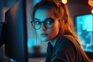 Caucasian Woman Engaged with Computer: A Visual Concept of Cyber Security Challenges and Control Against Digital Attacks