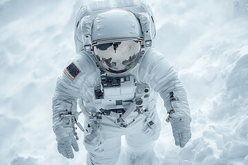 Wall Mural - Astronaut in a white spacesuit stands against a cloudy ethereal backdrop evoking exploration and a sense of otherworldly wonder.