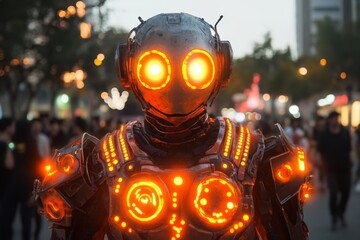 Leinwandbilder - Futuristic robot with glowing eyes and vibrant lights standing in a bustling urban environment at night