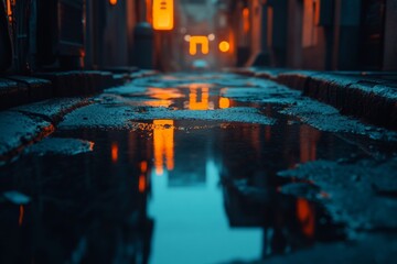 Aufkleber - Evening light reflections in a narrow alleyway after rain creates a serene urban atmosphere