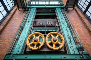 Poster - Historic machinery components showcased in an industrial building with intricate design features and vibrant colors