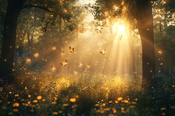 Aufkleber - Sunlight streams through trees, illuminating butterflies in a serene forest setting during early morning hours