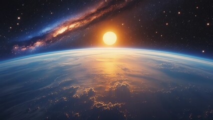 Wall Mural - Panoramic view of the Earth, sun, star and galaxy. Sunrise over planet Earth, view from space.