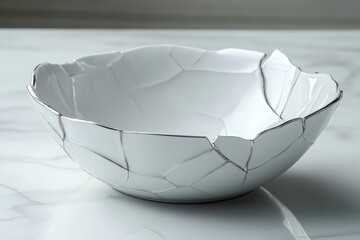 Aufkleber - Beautifully repaired ceramic bowl showcasing kintsugi art technique, placed on a marble surface with natural lighting