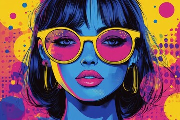 Poster - Vibrant portrait of a woman with colorful sunglasses and bold makeup in a playful artistic style