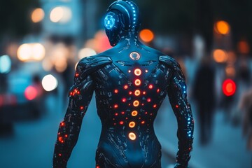 Poster - Futuristic robot stands on urban street at sunset, illuminated with colorful lights and intricate designs