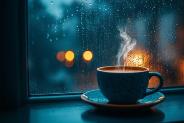 Aufkleber - Warm cup of coffee rests on a windowsill while rain falls outside during a cozy evening