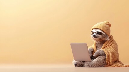 a sloth wearing glasses and a hat, working on a laptop