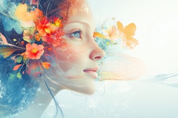 Aufkleber - Beautiful girl with floral design and butterflies in a dreamy, ethereal environment during a serene moment