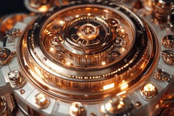 Aufkleber - Intricate golden gears and mechanisms shine in a close-up view, showcasing the elegance and craftsmanship of timekeeping