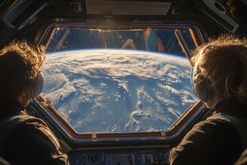 Aufkleber - Explorers observe Earth’s beauty from a spacecraft window high above the atmosphere during a space mission