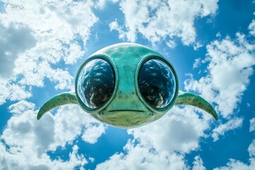 Poster - Flying alien spacecraft gliding through the blue sky on a cloudy day above an open landscape