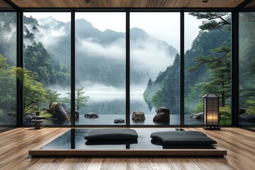 Aufkleber - Serene mountains and calm water observed from a cozy interior with natural elements at dawn