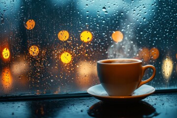 Aufkleber - Warm coffee cup resting on a windowsill during a rainy evening with city lights in the background