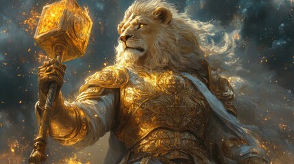 a lion-headed paladin in golden armor, holding a celestial hammer, radiating divine energy