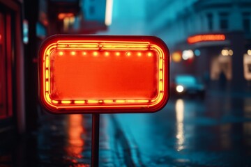 Poster - Bright red neon sign glowing in the evening on a rainy street in an urban setting