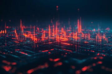 Red data streams flowing across digital grid in dark, abstract network background