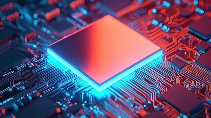 Wall Mural - modern technology circuit board with microprocessor and neon lights
