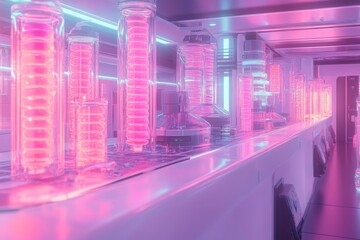 Fototapete - Bright laboratory filled with glowing pink glassware and futuristic technology at night