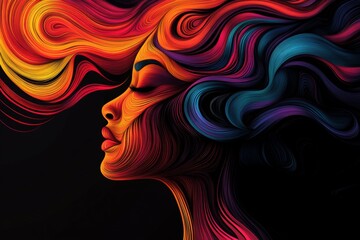 Aufkleber - Colorful portrait of a woman with flowing hair in vibrant hues against a dark background