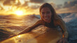 © Cristina - A fit young woman instructor is swimming near her surfboard as the sun sets behind her. She is smiling, showcasing her enthusiasm for teaching surfing skills in the ocean