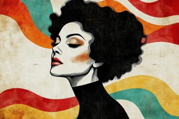 Aufkleber - Artistic portrait of a woman with curly hair against a colorful abstract background showcasing beauty and confidence