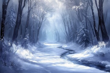 Aufkleber - Snowy forest path illuminated by soft winter light in a tranquil setting