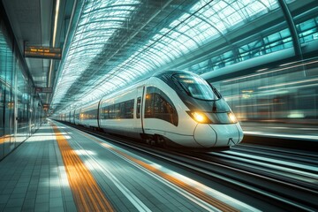 Aufkleber - High-speed train arriving at a modern urban station during daytime