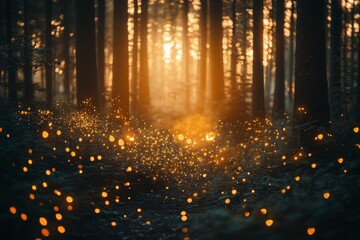 Poster - Enchanted forest at sunset with glowing fireflies illuminating the woodland path