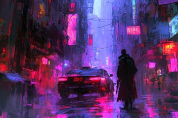 Poster - City streets illuminated by neon lights at night with a silhouette standing beside a parked car