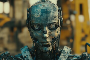 Fototapete - Robot with mechanical features stands prominently in an industrial setting showcasing advanced technology amidst construction equipment