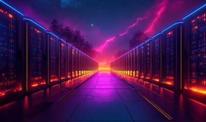 Wall Mural - neon lit server room with vibrant colors.