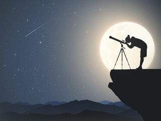Sticker - Man and telescope on cliff. Astronomer at moonlight night. Full moon