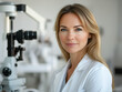 © Thanakorn - confident woman in white lab coat stands in medical office, showcasing her expertise as eye microsurgeon. background features advanced medical equipment, emphasizing her professional environment